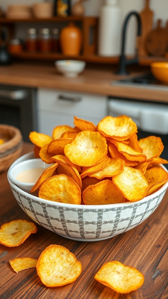 A bowl of golden homemade potato chips with a small dish of dip on a wooden table.
